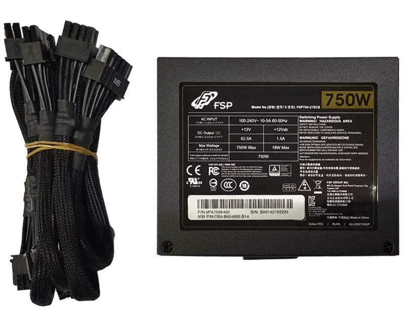 Technical specifications label for MSI OS9-B924002-S14 showing 750W output and 80 Plus Gold rating
