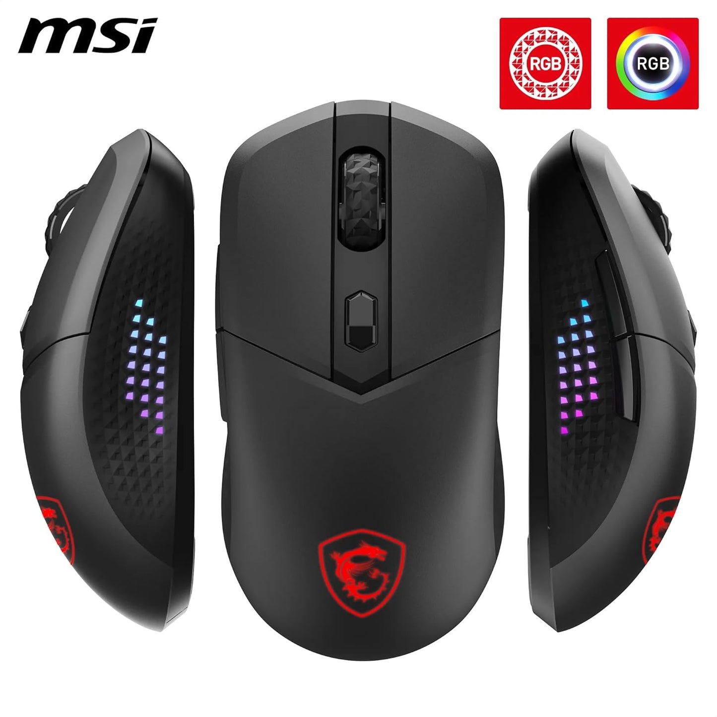 MSI Versa 300 Elite Wireless gaming mouse in white, showing the sleek lightweight design